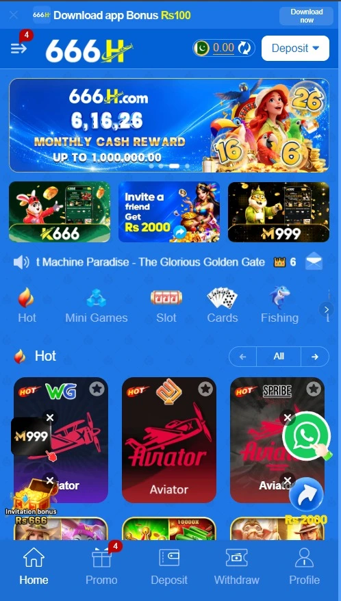 The main dashboard of the 666H app showing the casino games lobby and quick APK download button on a smartphone.