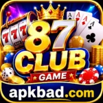 87 Club Game app icon featuring slots, playing cards, casino chips, and apkbad.com branding