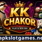KK Chakor Game promotional banner featuring a chukar bird, gaming cards, coins, chips, a smartphone with casino games, and apkslotgames.net branding at the bottom.